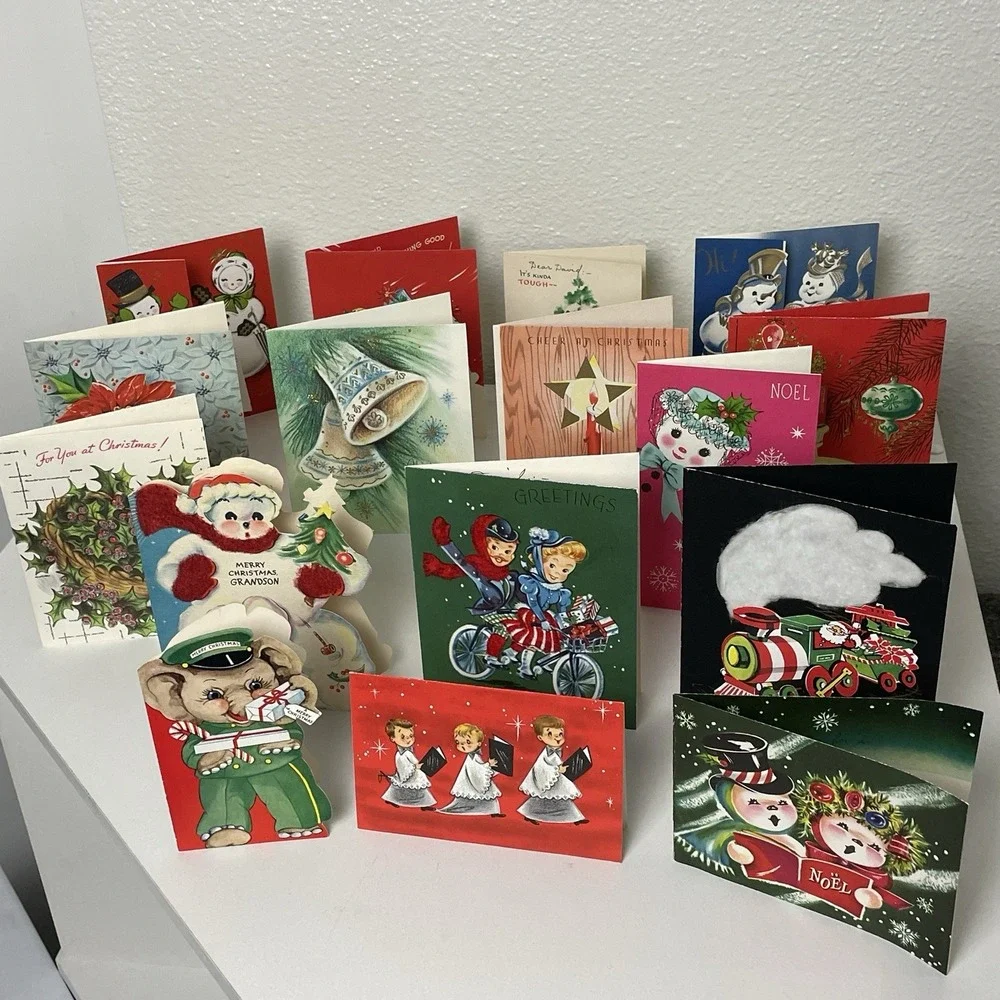 Vintage LOT 61 Used Christmas Cards Santa Snowman Angel Flocked 50s 60s
